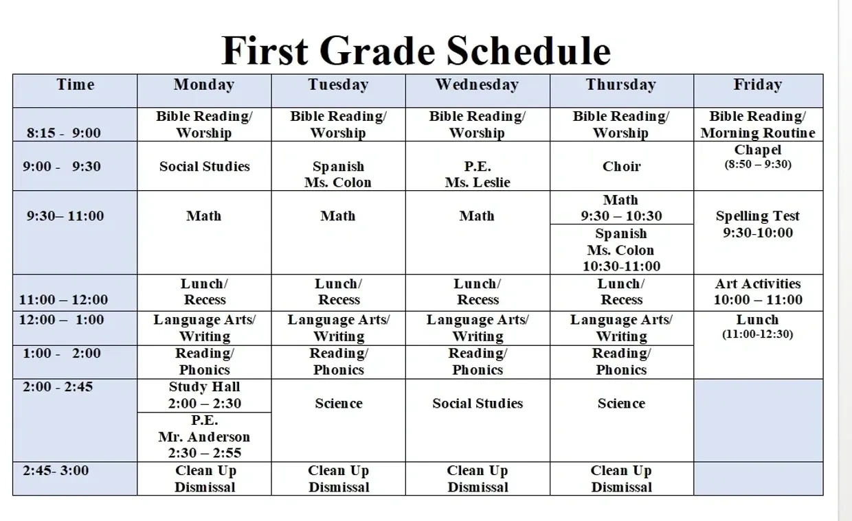 First Grade Daily Schedule timetable showing Monday through Friday activities