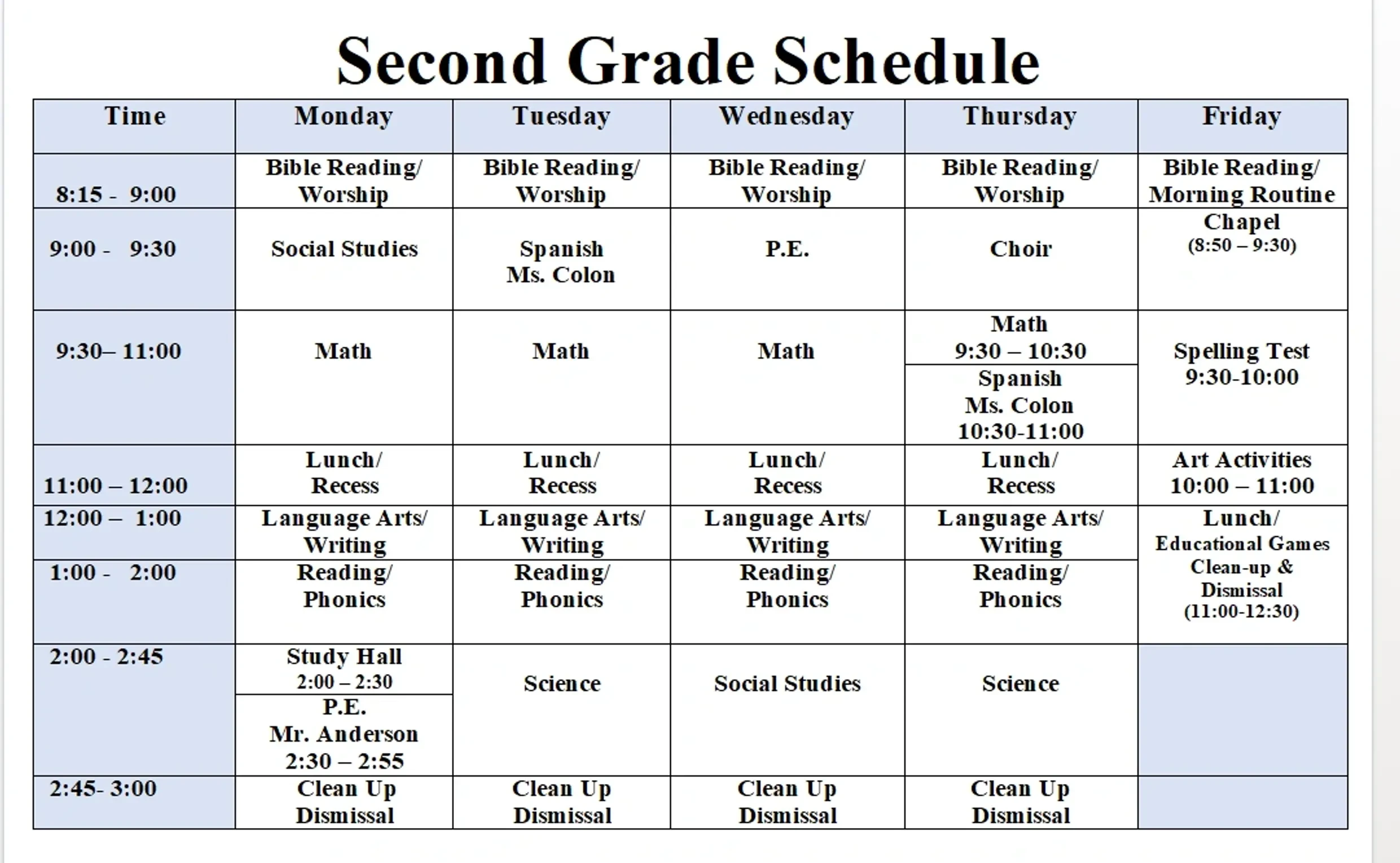 Second Grade Daily Schedule timetable showing Monday through Friday activities