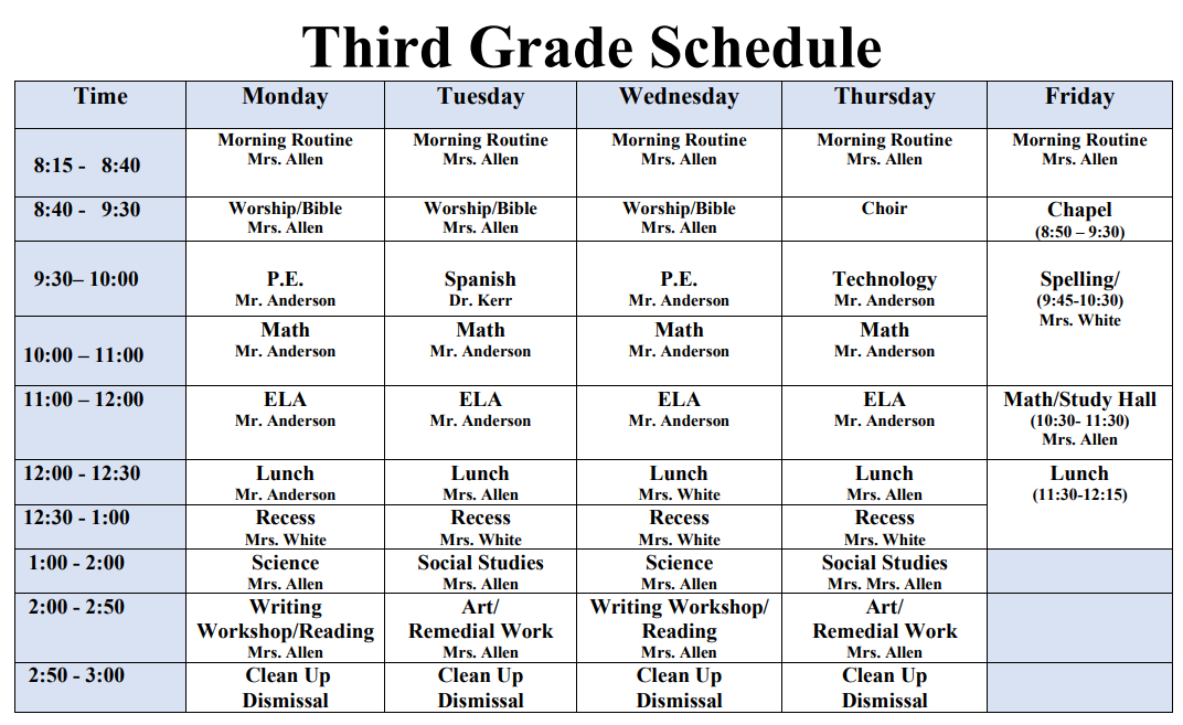 Third Grade Daily Schedule timetable showing Monday through Friday activities
