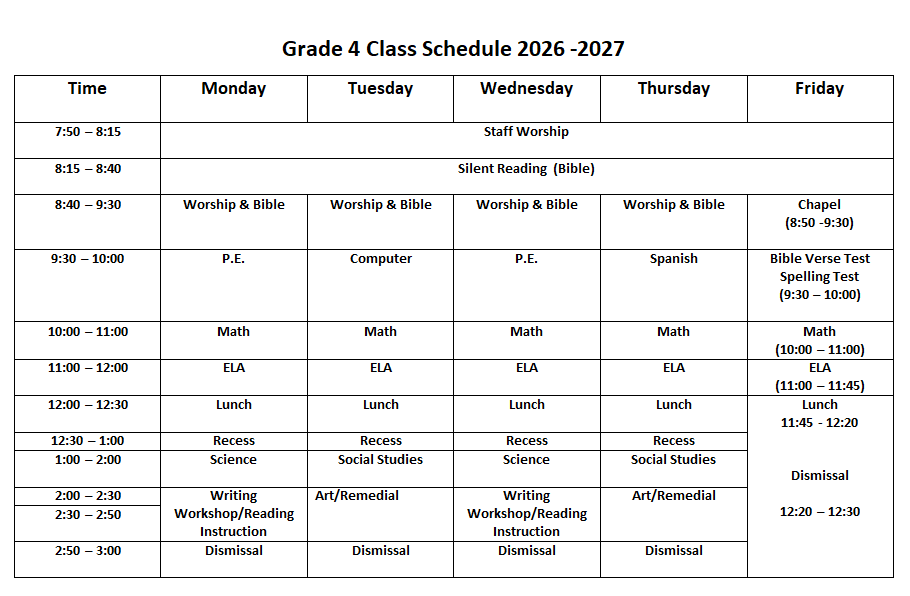 Grade 4 Class Schedule 2026-2027 showing daily time slots Monday through Friday