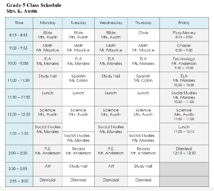 Grade 5 Class Schedule 2026-2027 showing daily time slots Monday through Friday