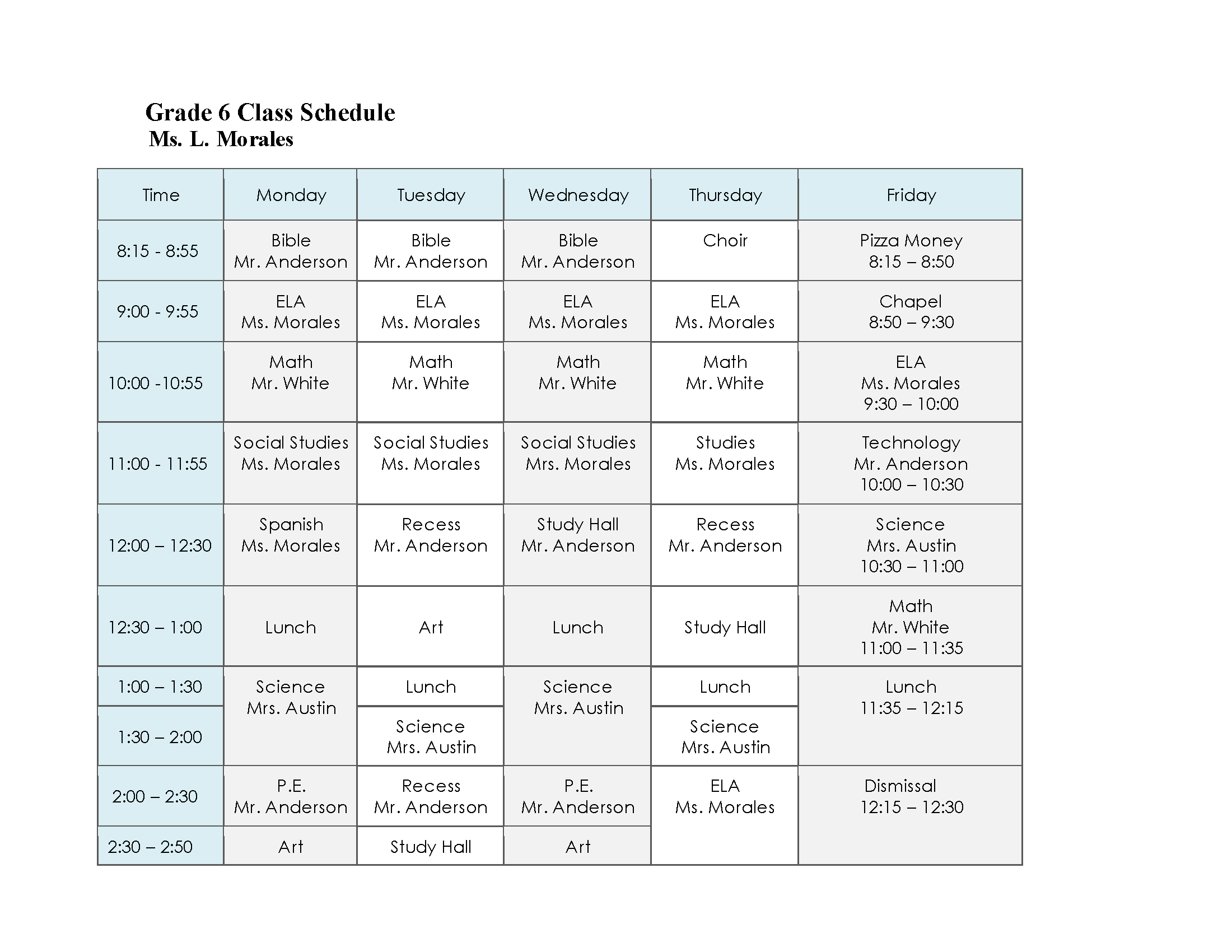 Grade 6 class schedule 2026–2027 timetable