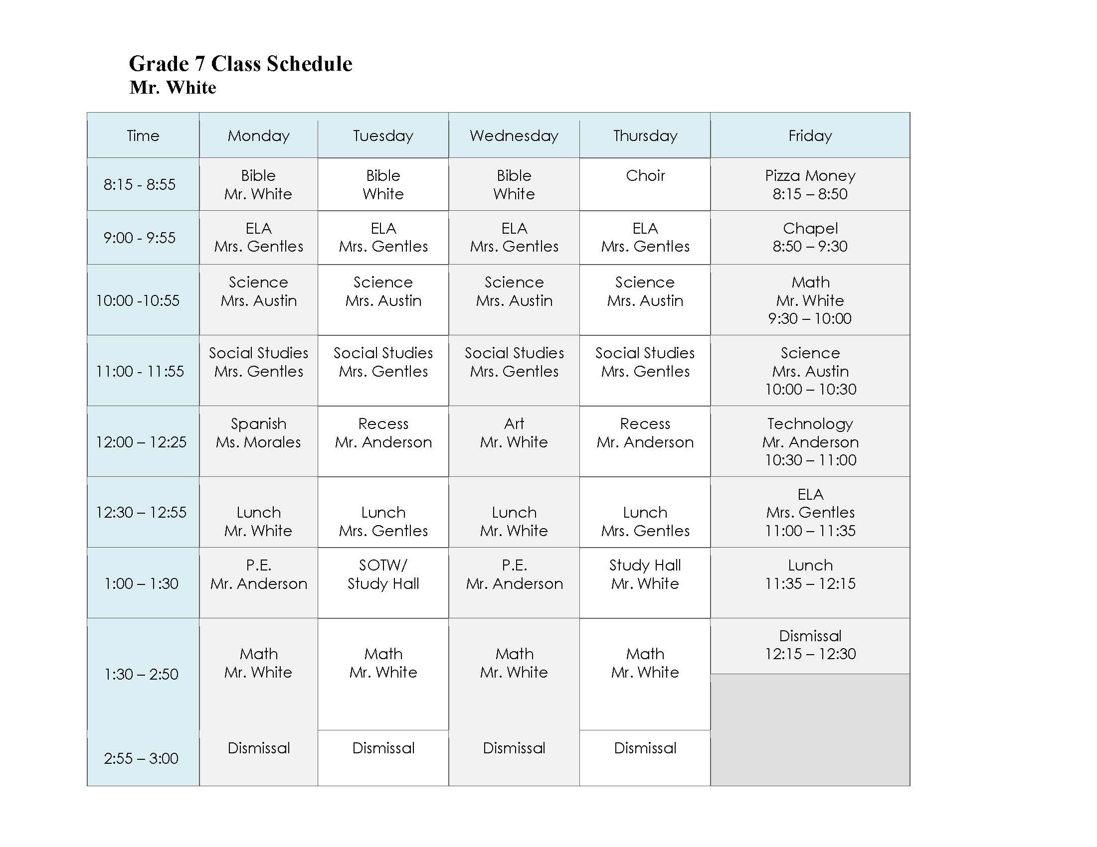 Grade 7 Class Schedule 2026-2027 — Mr. White, showing daily time slots Monday through Friday