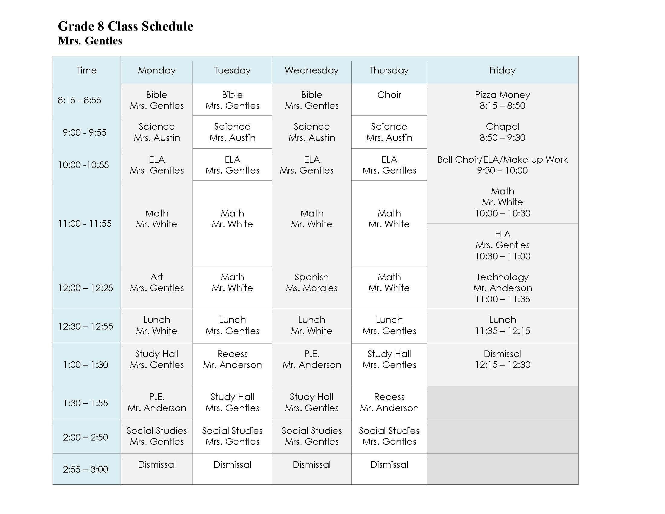 Grade 8 Class Schedule — Mrs. Gentles