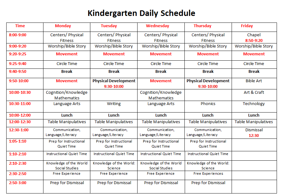 Kindergarten Daily Schedule timetable showing Monday through Friday activities