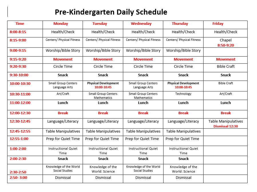 Pre-Kindergarten Daily Schedule timetable showing Monday through Friday activities
